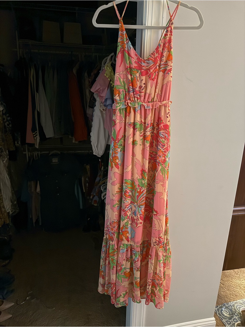 EUC-Gianni Bini-Pink Floral Sundress with Green & Orange Trim